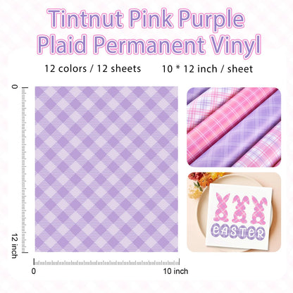 Tintnut Plaid Permanent Adhesive Vinyl - 12 Sheets 12''x10'' Pink Purple Plaid Pattern Vinyl for Cutting Machines, Waterproof Vinyl for DIY Crafts & Personalized Gifts