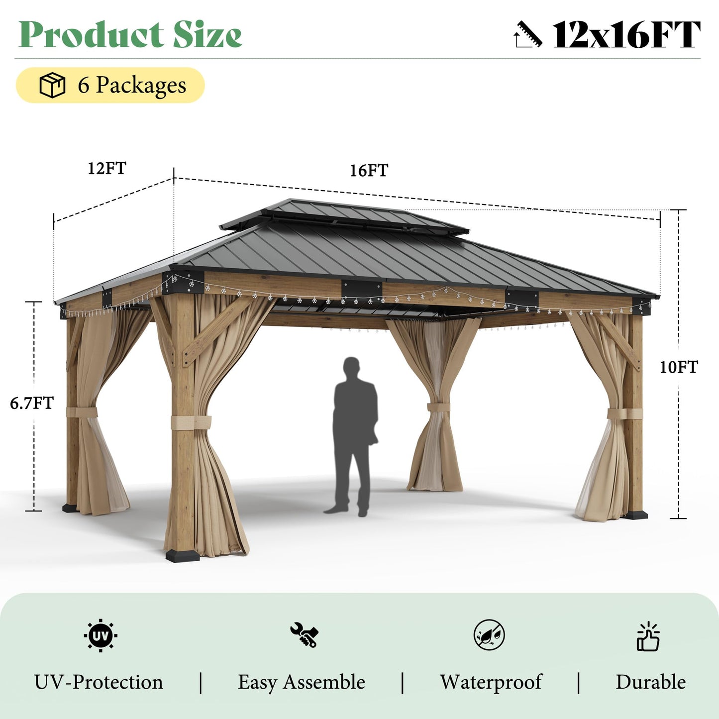AMERLIFE 12' x 16' Heavy Duty Hardtop Gazebo with Double Metal Roof, Wood Gazebo with Privacy Curtains & Mosquito Netting, Outdoor Pavilion for Backyard, Garden & Patio, Brown