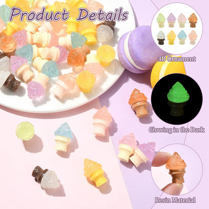 Stiesy 100pcs Luminous Resin Ice Cream Figurines Food Miniature Summer Display Ornaments Bulk Glow in the Dark for Micro Landscape Accessories Pretending Prop Decorations