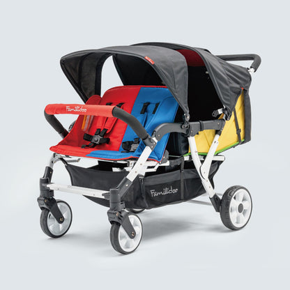 Familidoo H4E Quad Stroller Wagon for Kids, 4-Seater Daycare Baby Stroller with 5-Point Safety Harness, Lightweight & Foldable with All Reclining Seats, Double Canopy & Rain Cover – All-Terrain Wheels