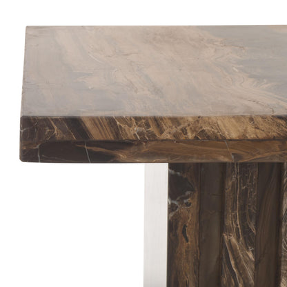 SAFAVIEH Couture Collection - Olivia Brown Marble Accent Table, Square Pedestal Design, Fluted Base Statement Piece (SFV9702B)