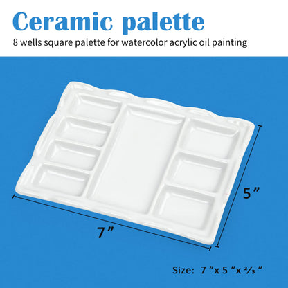 Falling in Art Artist Ceramic Palette, 8 Well Rectangle Porcelain Watercolor Paint Palette for Watercolor Gouache Acrylic Oil Painting, 7-Inch