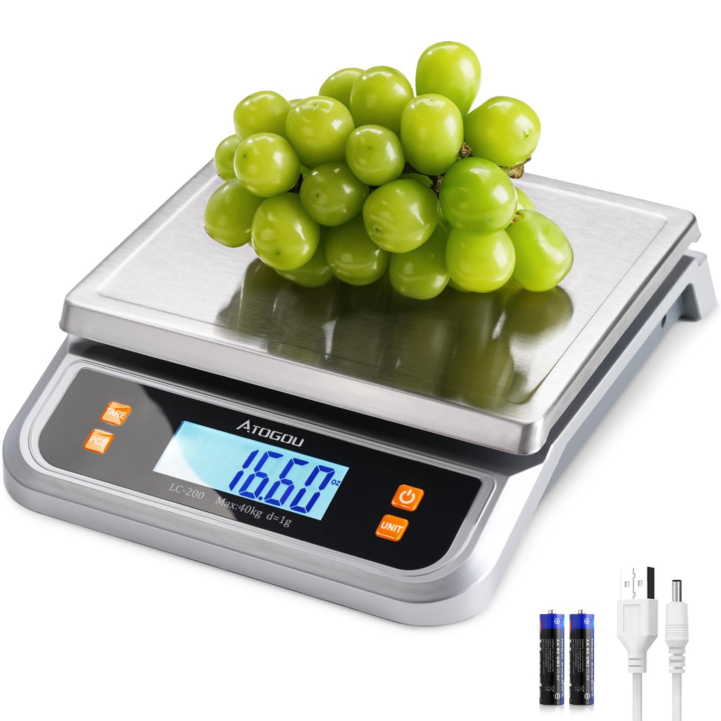 Atogou 88lb Food Scale, Commercial Kitchen Scale Plug-in Usable with Full View LCD Display, Stainless Steel, for Baking, Bread, Cooking, Meat, Vegetables, Farm, Industry LC200 Silver