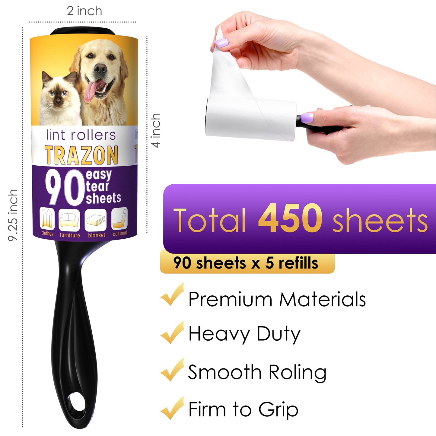 Lint Rollers Value Pack of 450 Sheets / 5 Refills, Sticky Roller, Lint Remover for Dog, Cat, Pet Hair, Lint Rollers for Clothes, Carpet, Couch, Furniture, Car Seats White
