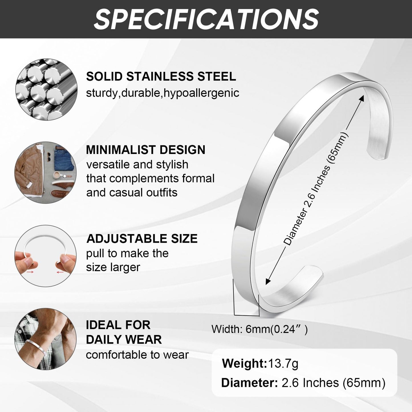 MEALGUET Stainless Steel Mens Cuff Bracelet : Minimal Cool Silver Open Metal Cuff Bangle Bracelets for Men,65mm,Mens Bracelet Jewelry