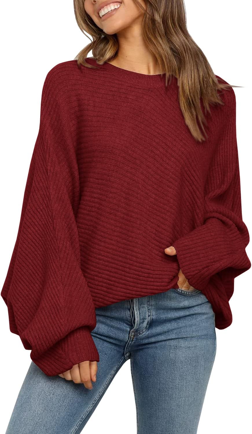Mafulus Women's Oversized Crewneck Sweater Batwing Puff Long Sleeve Cable Slouchy Pullover Jumper Tops