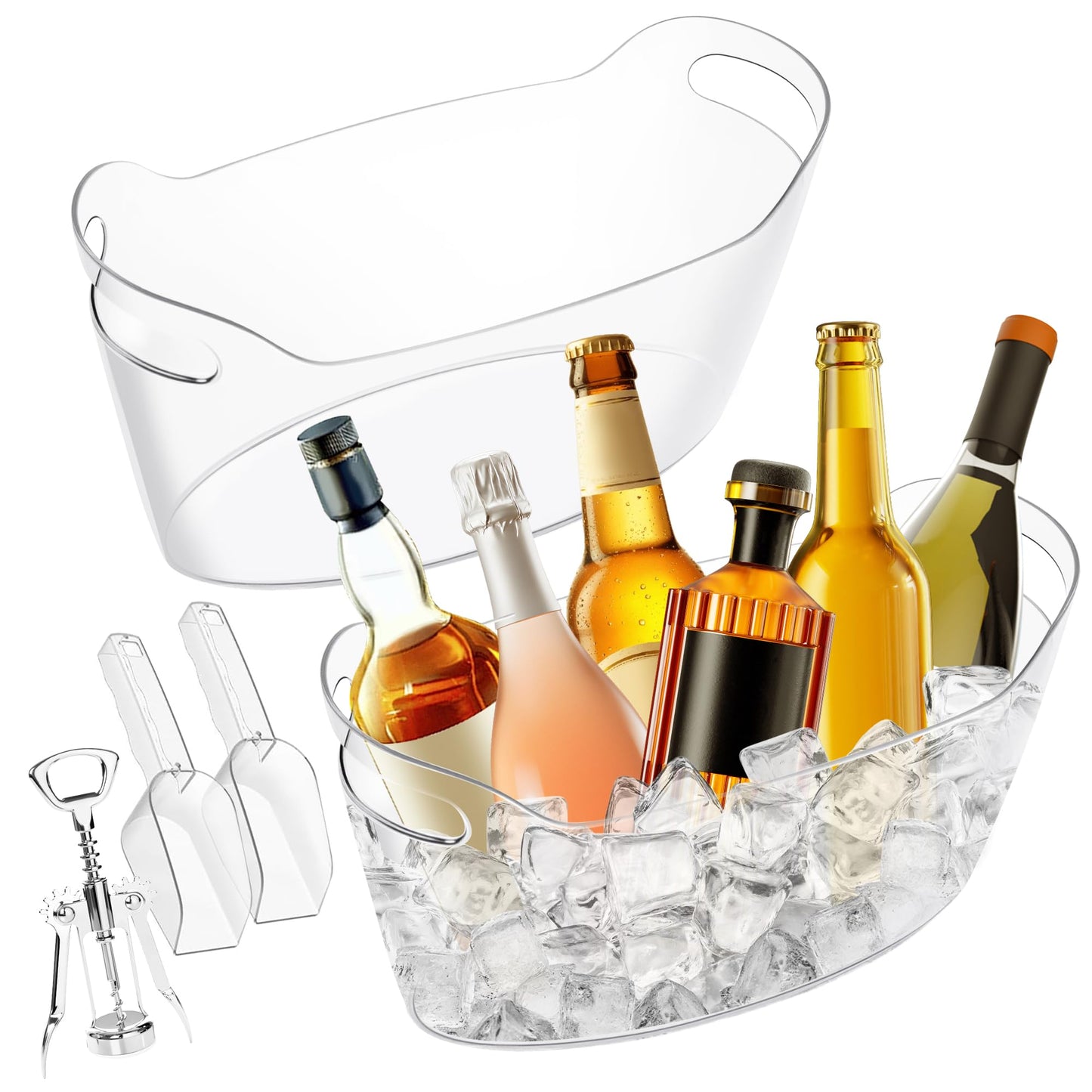 Acrylic Champagne Bucket Set of 2, Ice Bucket for Parties6.5L Large Party Ice Bucket with Ice Scoop & Bottle Opener – Clear Drink Tub for Wedding, Bar, Pool Party, Beer & Wine Chilling