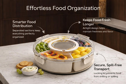 Divided Serving Tray with Lid - Snack Tray - Snack Box - Portable Snackle Box Organizer for Fruit, Salad, Chips & Dip - Lazy Susan Platter with Handle for Parties, Road Trips, Kids & Charcuterie
