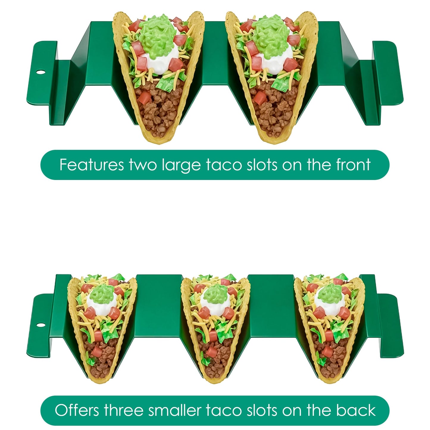 Junverelle 4 Pack Stainless Steel Taco Holder Stand, Integrated Molded Taco Rack with Hanging Hole, Oven & Grill Compatible Taco Shell Holder for 2 or 3 Tacos, Dishwasher Friendly, Green