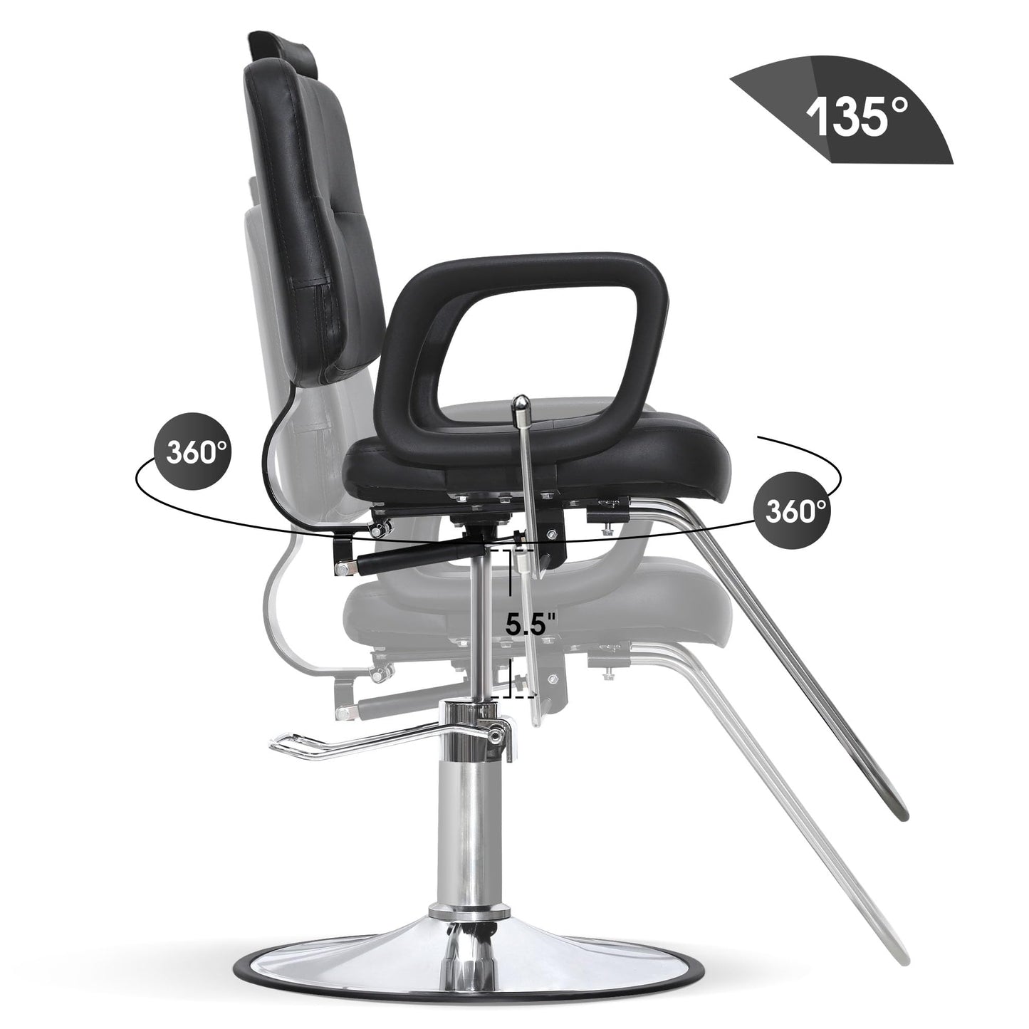 BarberPub Reclining Hydraulic Barber Chair, Salon Beauty Spa Shampoo Equipment, PVC Leather, Adult 2059 (Black)