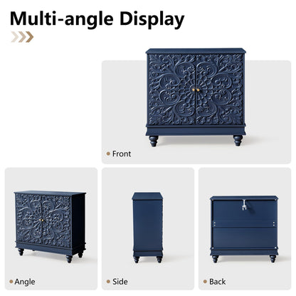 weselon Accent Cabinet Set of 2, Luxury Carving Board Buffet Cabinet with Storage, Storage Sideboard Entryway Table with 2 Doors and Adjustable Shelves (Midnight Blue)