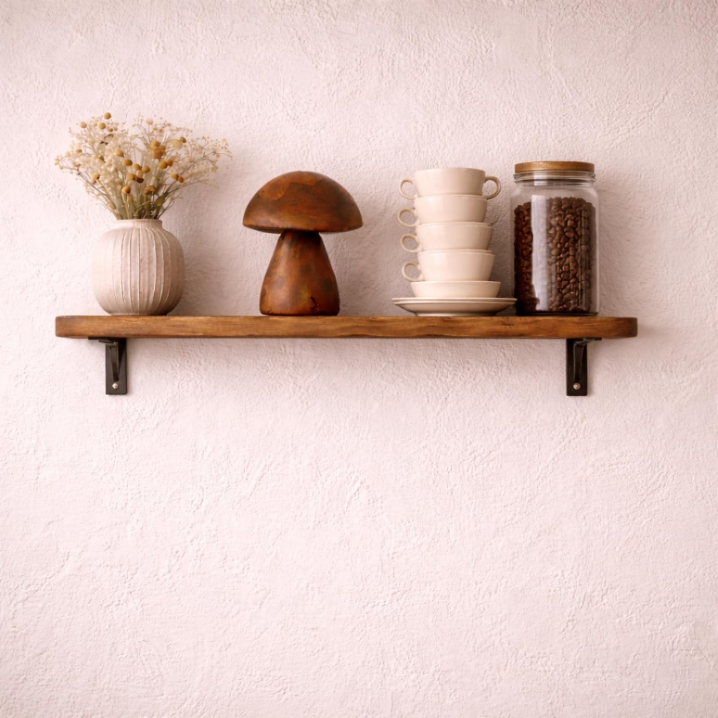 JOLLYMER Handmade Teak Wood Mushroom Decor Statue, Rustic Wooden Sculpture Accent for Living Room, Boho Tabletop Figurine, Natural Solid Wood Home Decoration for Indoor