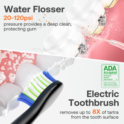 Bitvae Water Dental Flosser Teeth Picks, Cordless Water Flosser for Teeth, Braces, Dental Care and Rechargeable Rotary Electric Toothbrush Combo Set, 4 Tips, 4 Brush Heads, Waterproof, Black, C5+R1