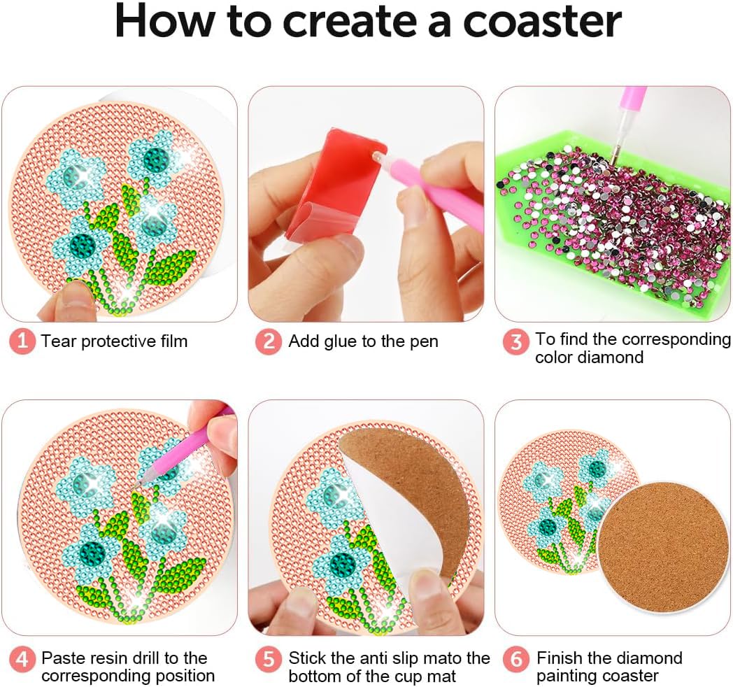 DOTZSO 8 Pcs Diamond Art Coasters Kit with Holder, Diamond Art Kits for Adults Beginners Small Diamond Painting Coasters, Arts and Crafts for Adults Supplies Item Sets (Flower)