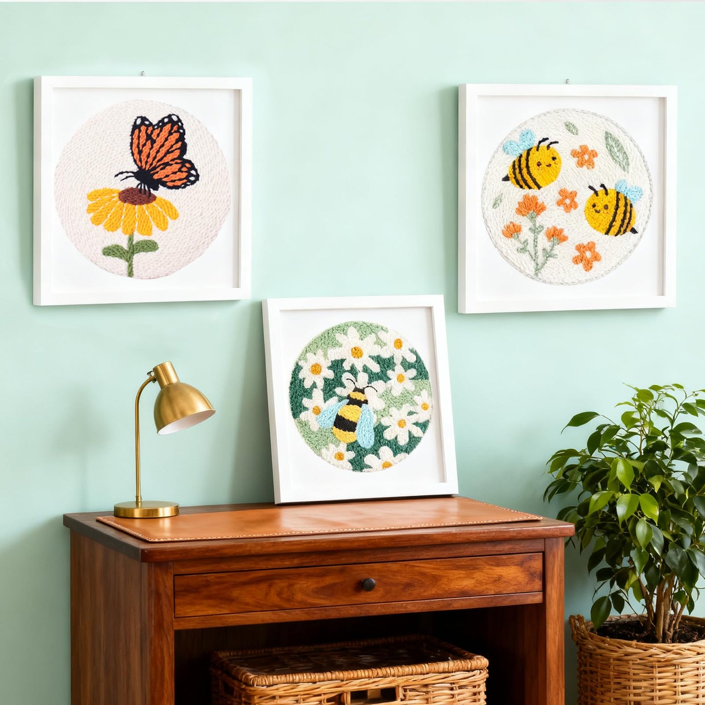 3 Pcs Punch Needle Kits, 7.87 Inch Cute Floral, Bees and Butterfly Punch Needle Kit for Adults Beginner Children Needles Punching kit with Embroidery Hoop, Instruction, Fabric, Sewing Needles, Yarns