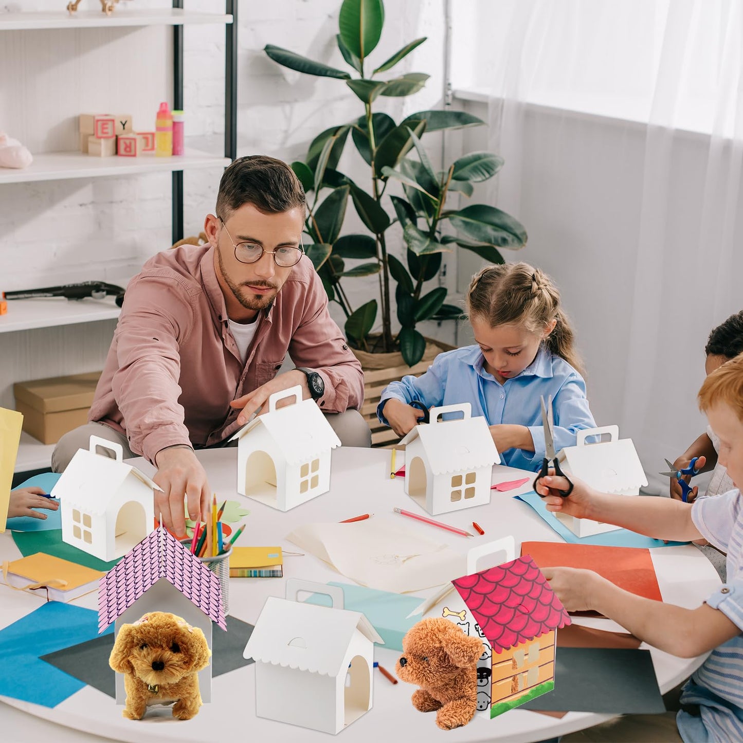 24 Pcs Dog Party Favor Boxes,White Foldable Dog House Shaped Treat Gift Boxes with Handles,Holes,Window Design,Fit for Back to School Favors,Puppy Pet Adoption Parties,Birthday Decorations,DIY Crafts