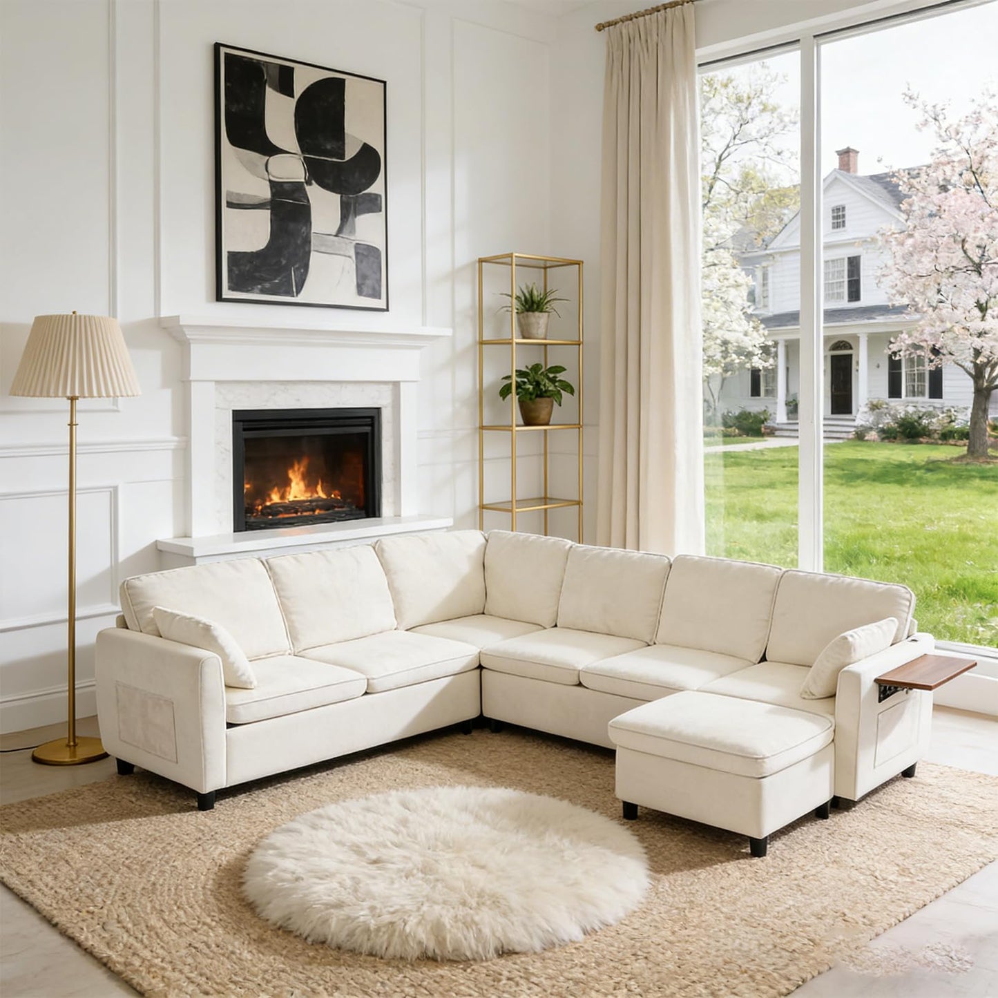 Modular Sectional Sleeper Sofa with Pull Out Bed, 116" Large U Shaped 7 Seater Sectional Couches with Ottoman, Charging Port & Foldable Side Table, Comfy Chenille Cloud Sofas for Living Room, Beige