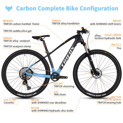 TRIFOX Carbon Fiber Mountain Bike with Shimano M6100 Deore Groupset 12-Speed,Carbon Fiber Frame,Hydraulic Fork 130mm Travel,29er Mountain Bike for Adult 17/19 inch (Blue, 29er * 17 inch)