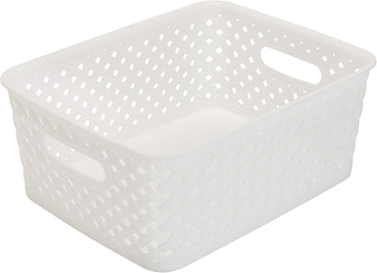 Simplify Small White Resin Wicker Tote | Storage Bin | Plastic Organizer with Carrying Handles for Bathroom