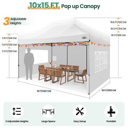 COBIZI 10x15 Heavy Duty Pop up Canopy Tent with 4 sidewalls Commercial Outdoor Canopy Wedding Party Tents for Wedding All Season Wind & Waterproof Gazebo with Carry Bag, White(Frame Thickened)