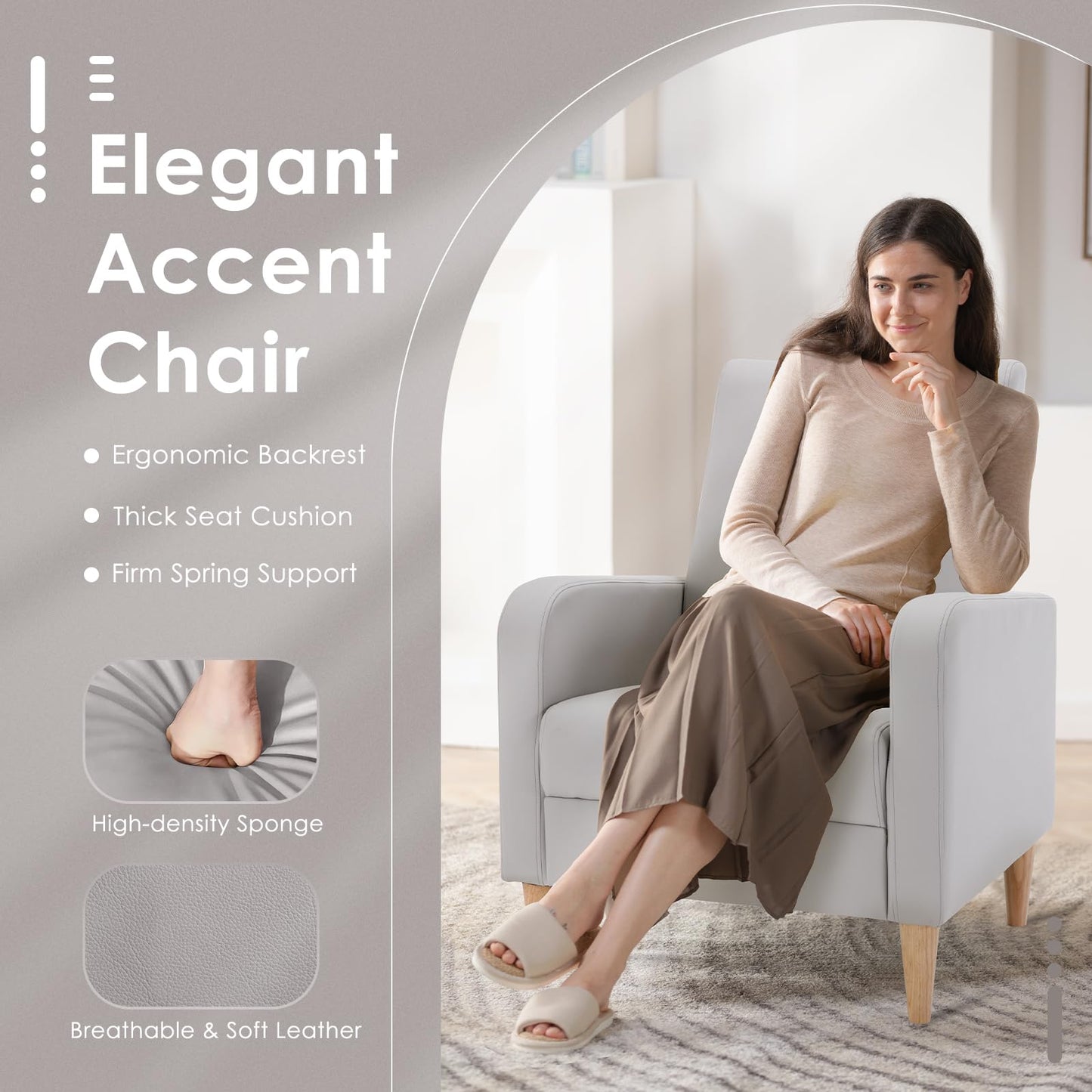 COLAMY Faux Leather Accent Living Room Chairs Set of 2, Upholstered Arm Chair Reading Side Chair, Single Sofa with Back Pillow and Wood Legs, Light Grey