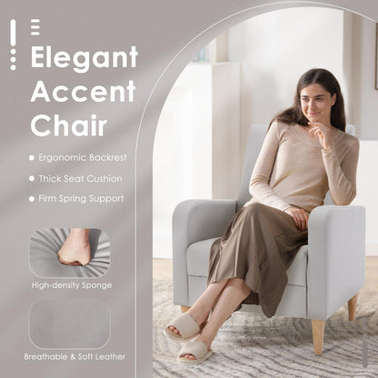 COLAMY Faux Leather Accent Living Room Chairs Set of 2, Upholstered Arm Chair Reading Side Chair, Single Sofa with Back Pillow and Wood Legs, Light Grey
