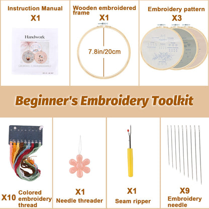 HuvRsu Embroidery Kit for Beginners, 3 Pack Starter Kit with Hoops, Colorful Threads, Pre-Printed Floral and Fruit Patterns, Full Tools and Instructions - DIY Craft Gift for Women Teens