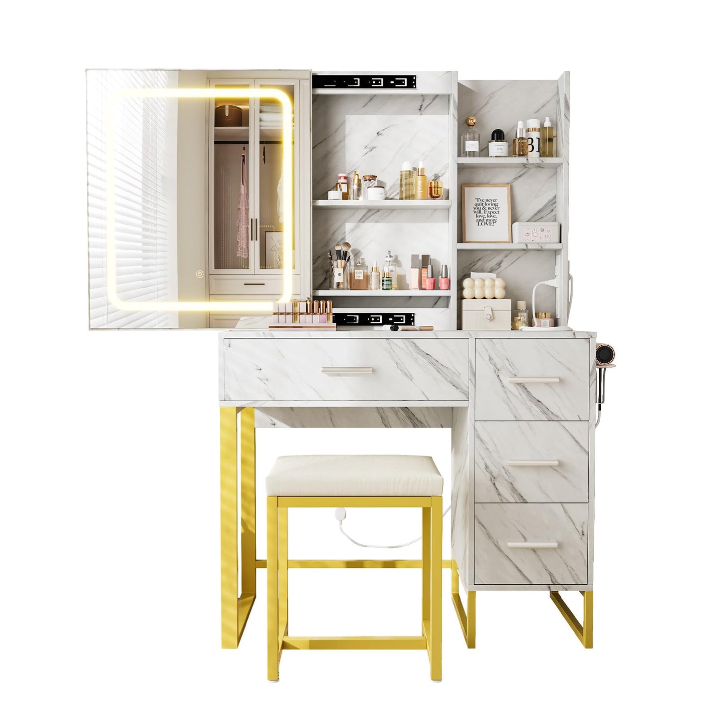 57'' Large Vanity Desk with Mirror & Lights, Makeup Vanity Table with Charging Station, 3 Lighting Modes, Elegant Vanity Set with 4 Drawers and Shelves, Cushioned Stool,Marble White