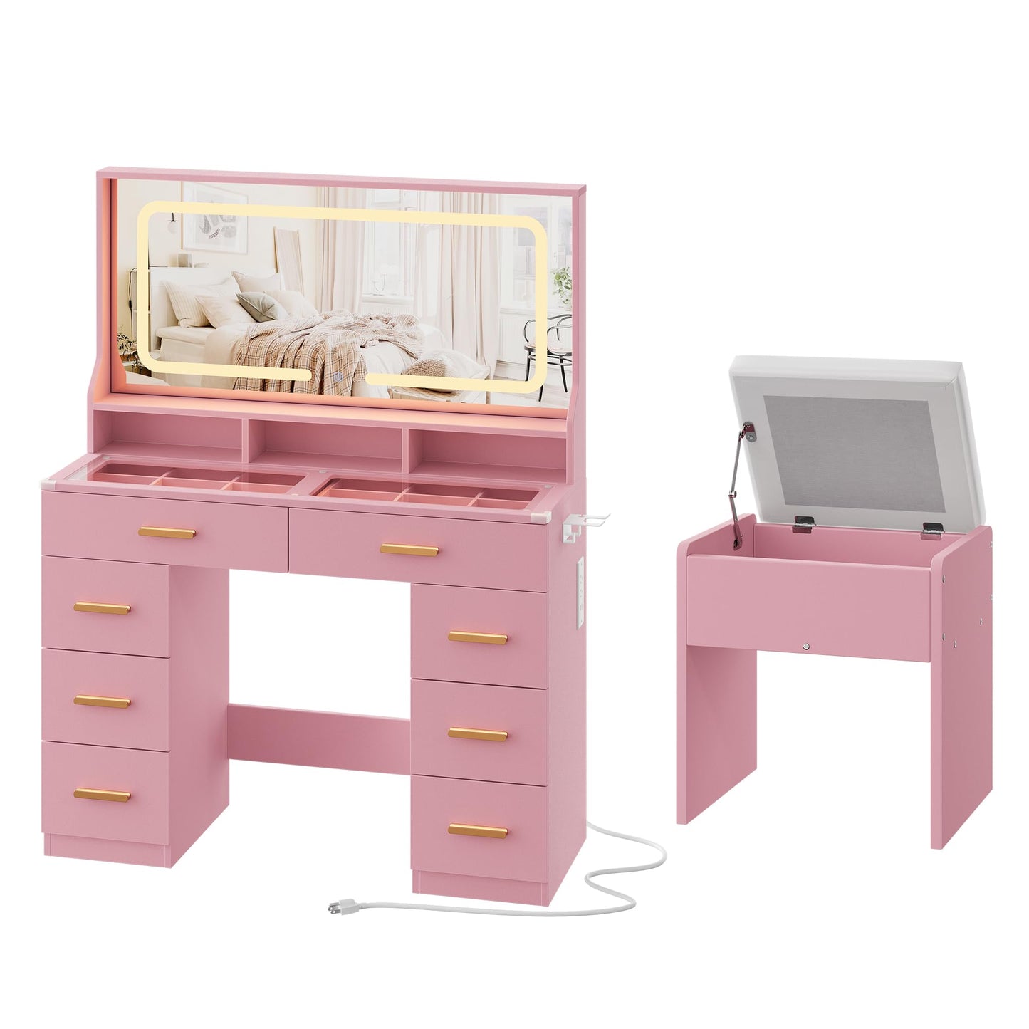 GAOMON Makeup Vanity Desk with Large Lighted Mirror, Vanity Desk with Glass Tabletop, 8 Drawers & 3 Storage Shelves, Vanity Set with Built-in Power Outlet for Bedroom & Dressing Area, Pink