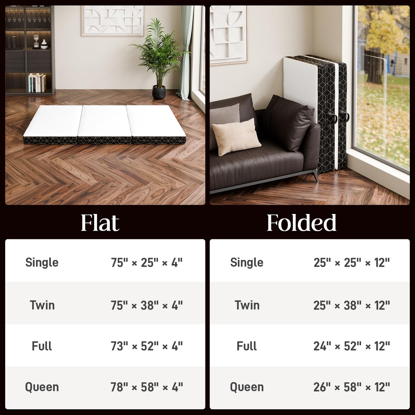 GEMBED Tri-Fold Memory Foam Mattress Queen - 4 Inch Portable Folding Mattress with Handle & Washable Cover, Floor Bed with Non-Slip Base, Space-Saving for Room, Travel, Guest Bed, RV, 78"x58"x4"