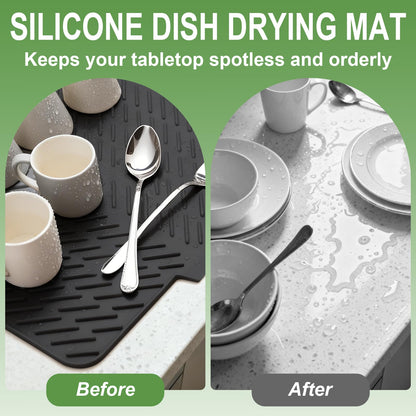 LKYLIVE Silicone Drying Mat, 23"X17" With Built-in Drain Lip,Heat-Resistant,Eco-friendly,Hygienic Drying Pad,Leak-Proof and Non-Slip,Silicone Dish Drying Mat for Kitchen Counter or Sink（Black 23X17）