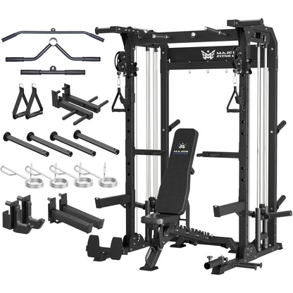 MAJOR FITNESS F22 Power Rack with Weight Bench – 1600lbs All-in-One Squat Rack with Cable Crossover, Dual Pulley, Heavy-Duty Steel Frame, Attachments & Storage for Home Gym Strength Training, Black