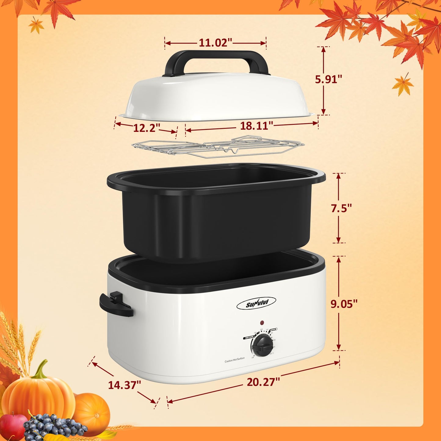 Sunvivi 24 Quart Electric Roaster Oven with Visible Self-Basting Lid, Turkey Roaster Oven with Removable Pan and Rack, Perfect for Large Meals and Holiday Feasts, White