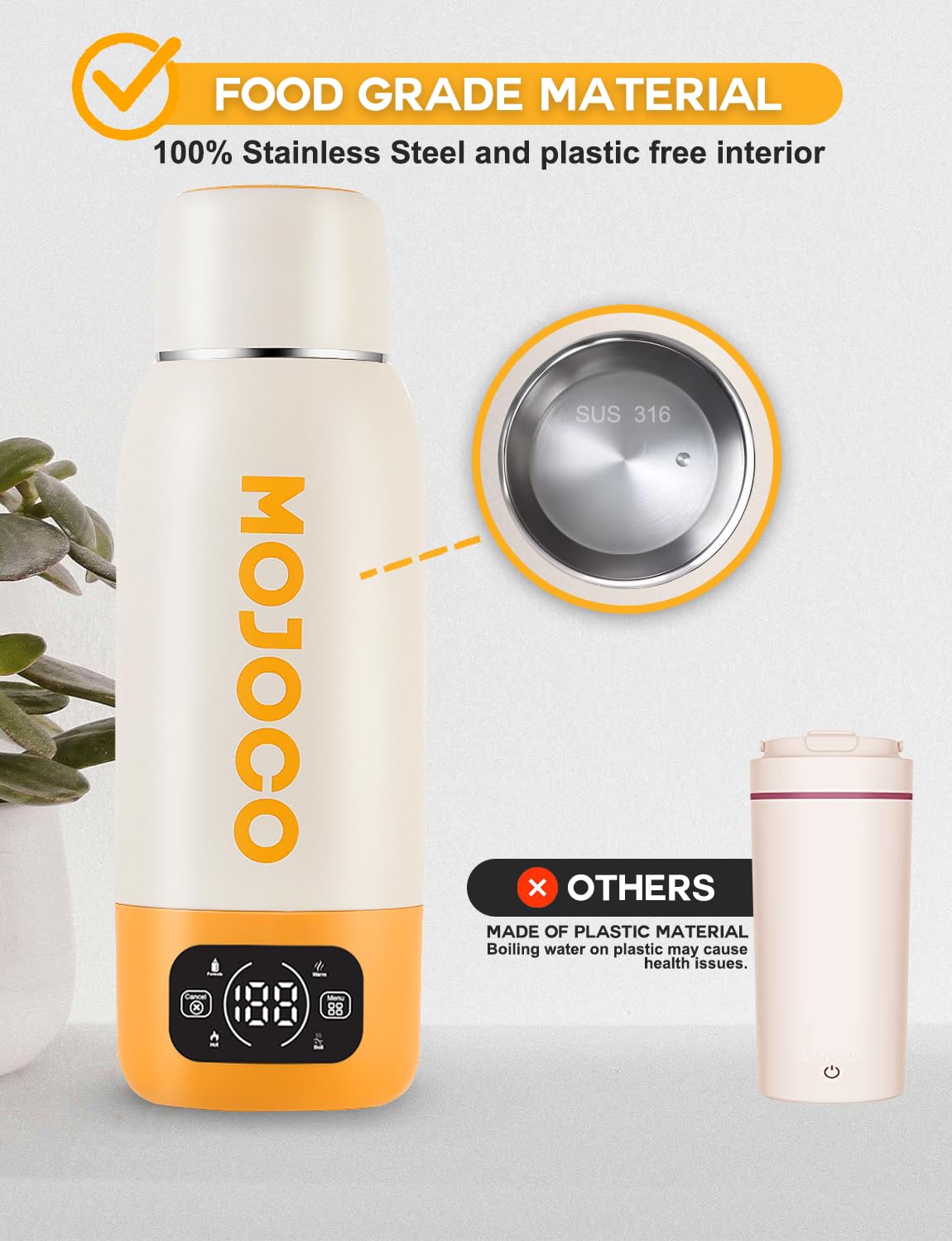 MOJOCO Portable Travel Kettle - 20oz Double Wall Vacuum Insulated Stainless Steel Kettle for Coffee, Tea - Leak Proof Portable Small Water Boiler for RV, Camping