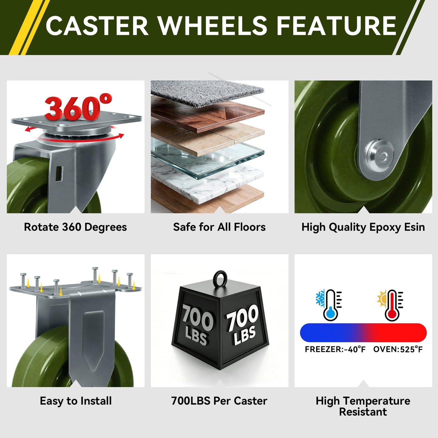 4 Inch High Temperature Casters Wheels, Oven-Safe Bakery Rack Casters, -20°F to 550°F, Heavy Duty 1400 lbs Capacity, Baking Essential (12 Swivel)