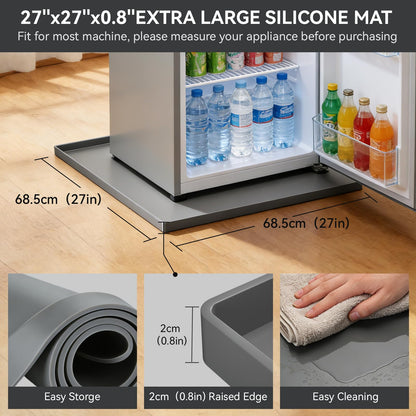 SKERTS Silicone Fridge & Washing Machine Mat 27"x27"x0.8" Non-Slip Spill-Proof Floor Protector with Raised Edges for Mini Fridge, Dishwasher, Pet Bowls, Dark Gray