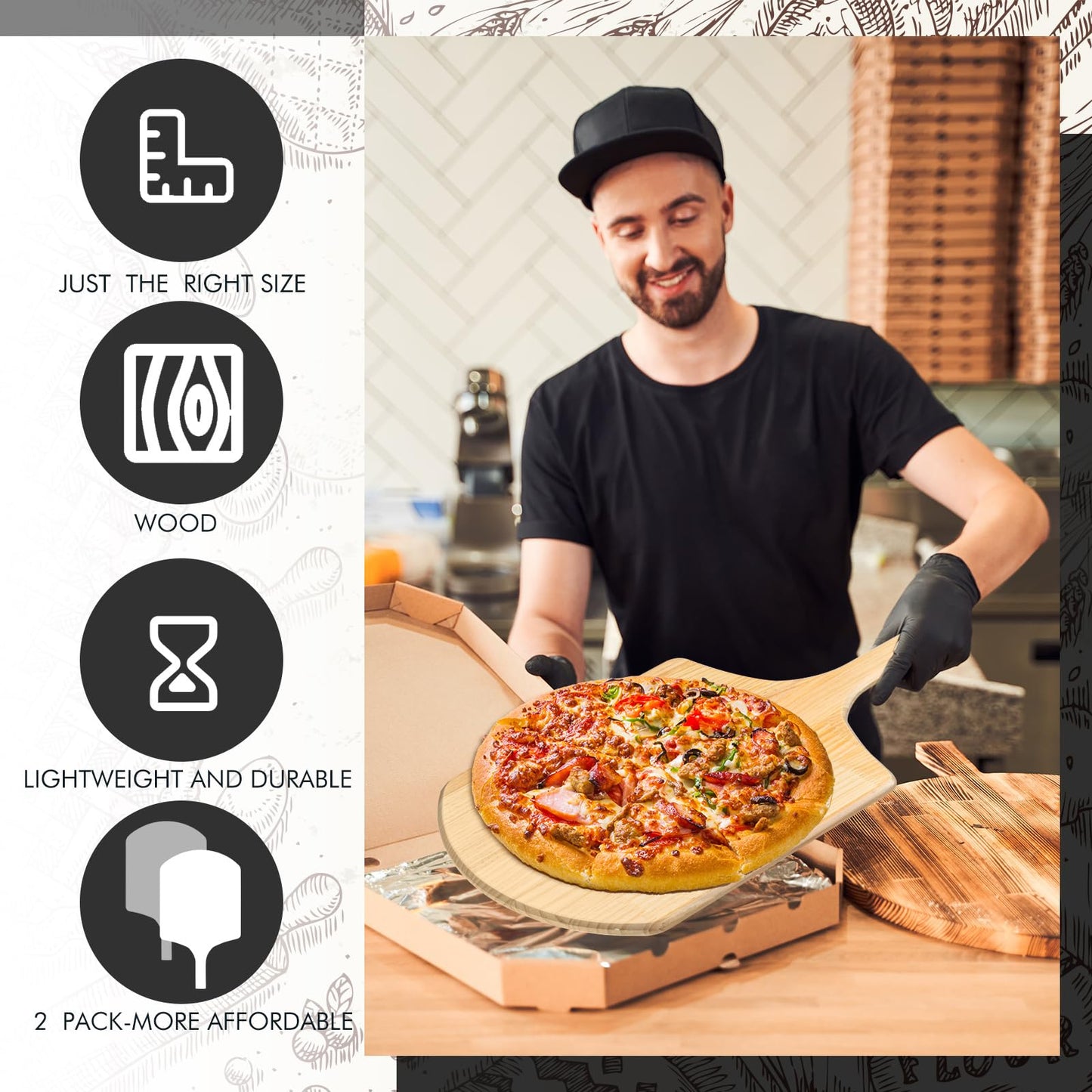 Bokon 2 Pack Wooden Pizza Peel, 16 x 14 Inch Large Pizza Paddle Set with 8 Inch Wooden Handle for Oven, Stone, Pan or Grill, Spatula for Baking Bread and Cake - Indoor & Outdoor