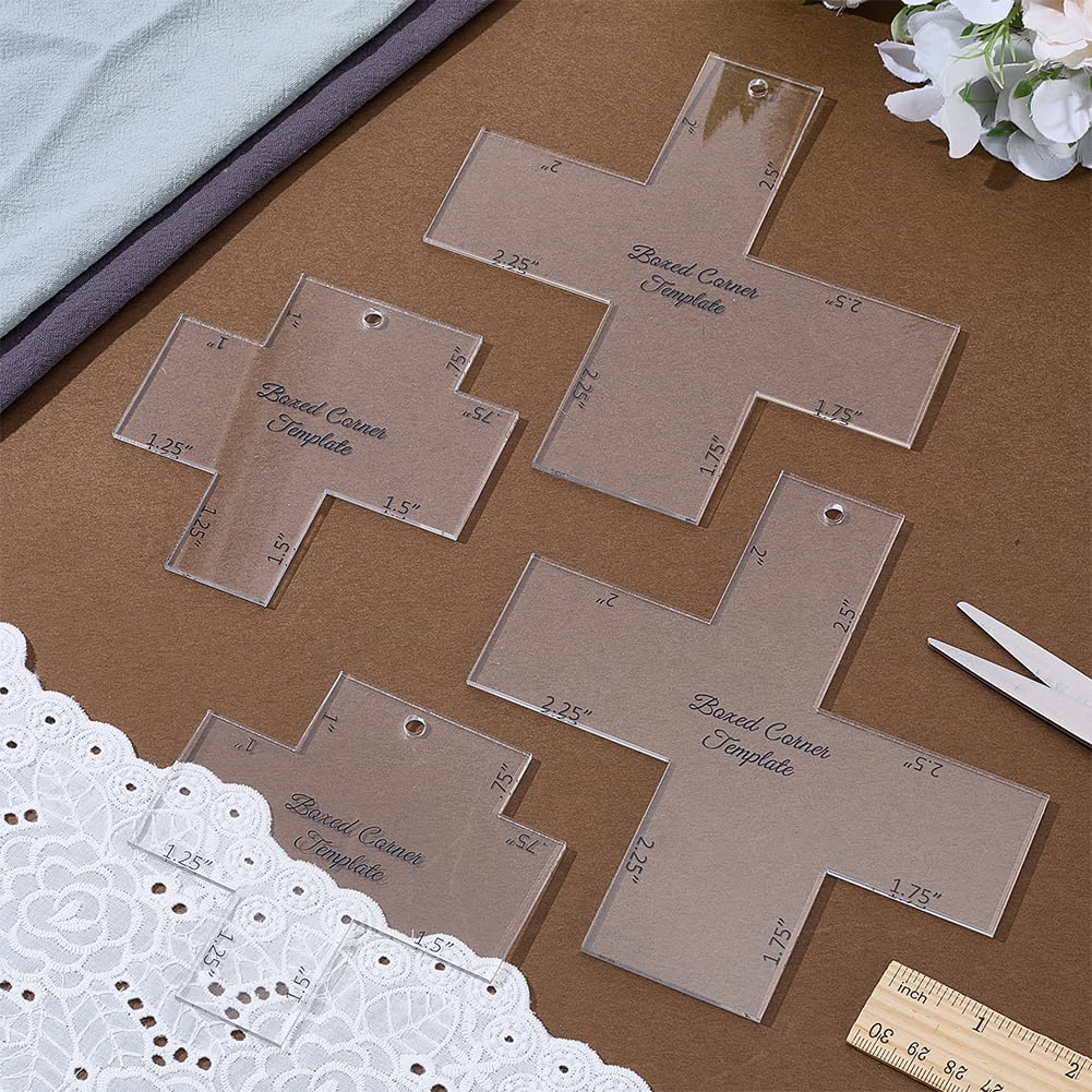 INFUNLY 2pcs Boxed Corner Template 2 Size Cutting Corners Template 0.75"-1.5"/1.75"-2.5" Clear Acrylic Quilting Box Corner Stencil Ruler Sewing Tools Set for Beginners Curve Bag Pocket DIY Sewing