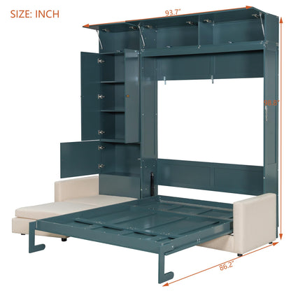 DNYN Queen Size Murphy Bed with Cabinet and Sofa Design for Bedroom/Guest Room, Space-Saving Foldable Wall Bed Frame with Multi-Layer Shelves, No Box Spring Needed