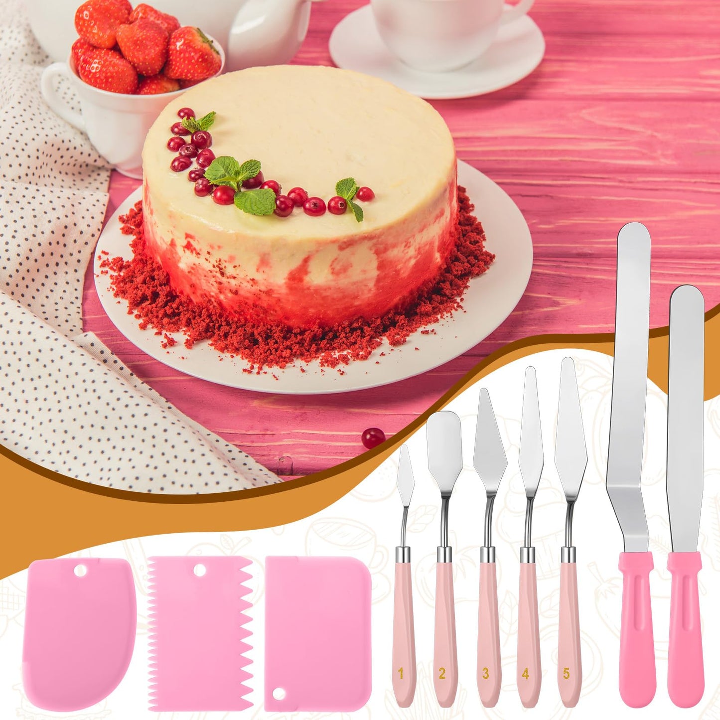 Leriton 10 Pcs cake spatula set Decorating Kit Baking Supply Accessories Tools for Beginners and Pros Includes 2 Frosting Straight Angled Spatula 3 Icing Smoother Scrapers 5 Pieces Cream tools(Pink)