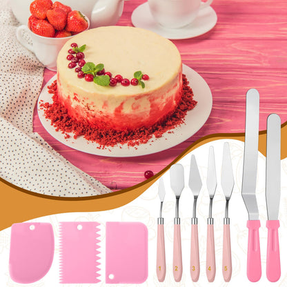 Leriton 10 Pcs cake spatula set Decorating Kit Baking Supply Accessories Tools for Beginners and Pros Includes 2 Frosting Straight Angled Spatula 3 Icing Smoother Scrapers 5 Pieces Cream tools(Pink)