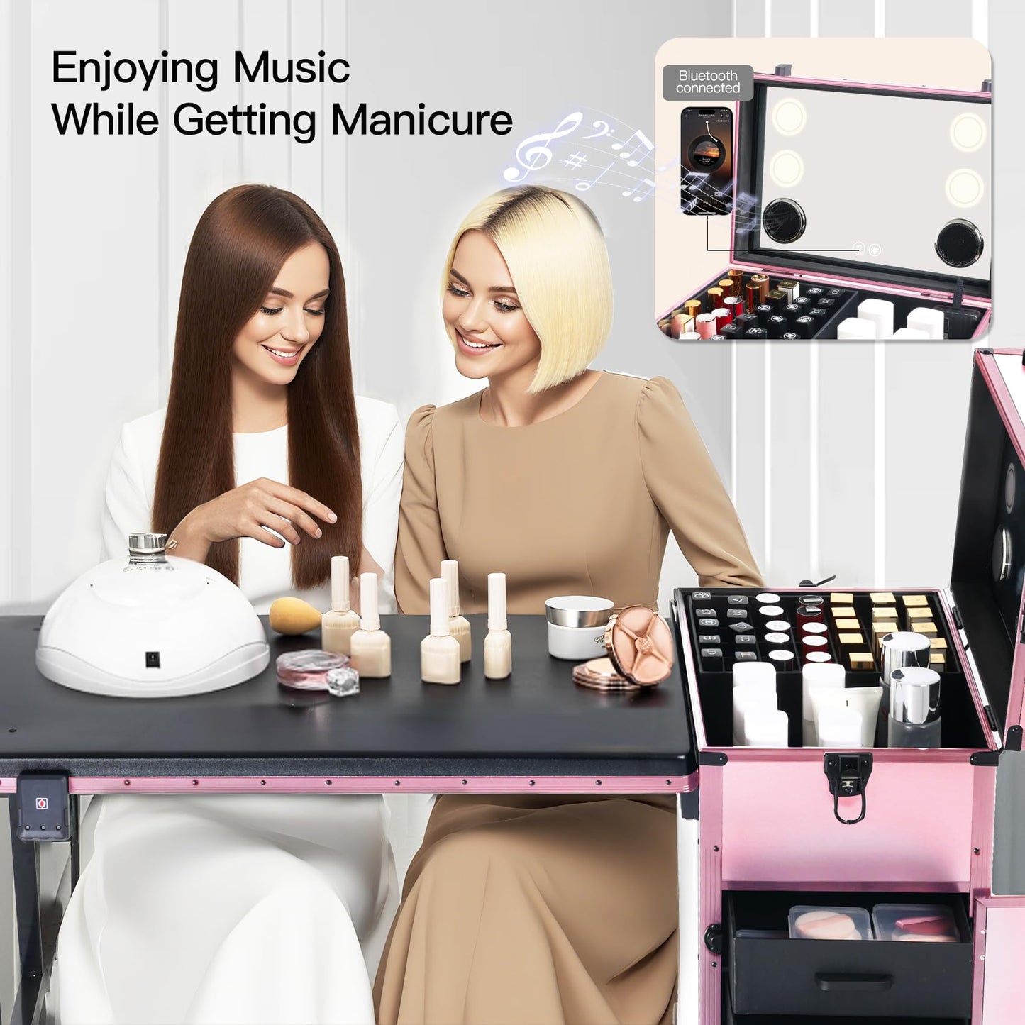 Rolling Portable Manicure Table with 3 Drawers, Lockable Makeup Train Case with Mirror, Foldable Nail Desk with Wheels & Handle, Mesa de Uñas Profesional para Nail Techs & Salon Use, Pink
