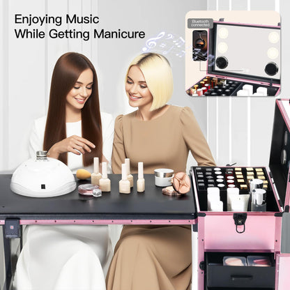 Rolling Portable Manicure Table with 3 Drawers, Lockable Makeup Train Case with Mirror, Foldable Nail Desk with Wheels & Handle, Mesa de Uñas Profesional para Nail Techs & Salon Use, Pink