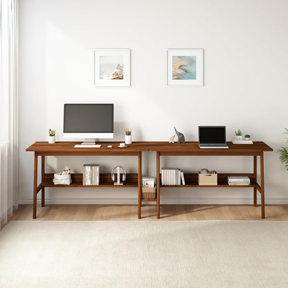 NELYE 2-Person Writing Desk with Bookshelf - 94" Wooden Extra Long Home Office Work Table, Double Study Computer Workstation with Storage Shelves in Walnut, 94" W x 24" D