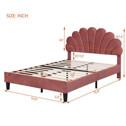Merax Full Size Upholstered Platform Bed Wooden Frame with Flower Pattern Velvet Headboard for Bedroom,Boys Girls,Bean Paste Red