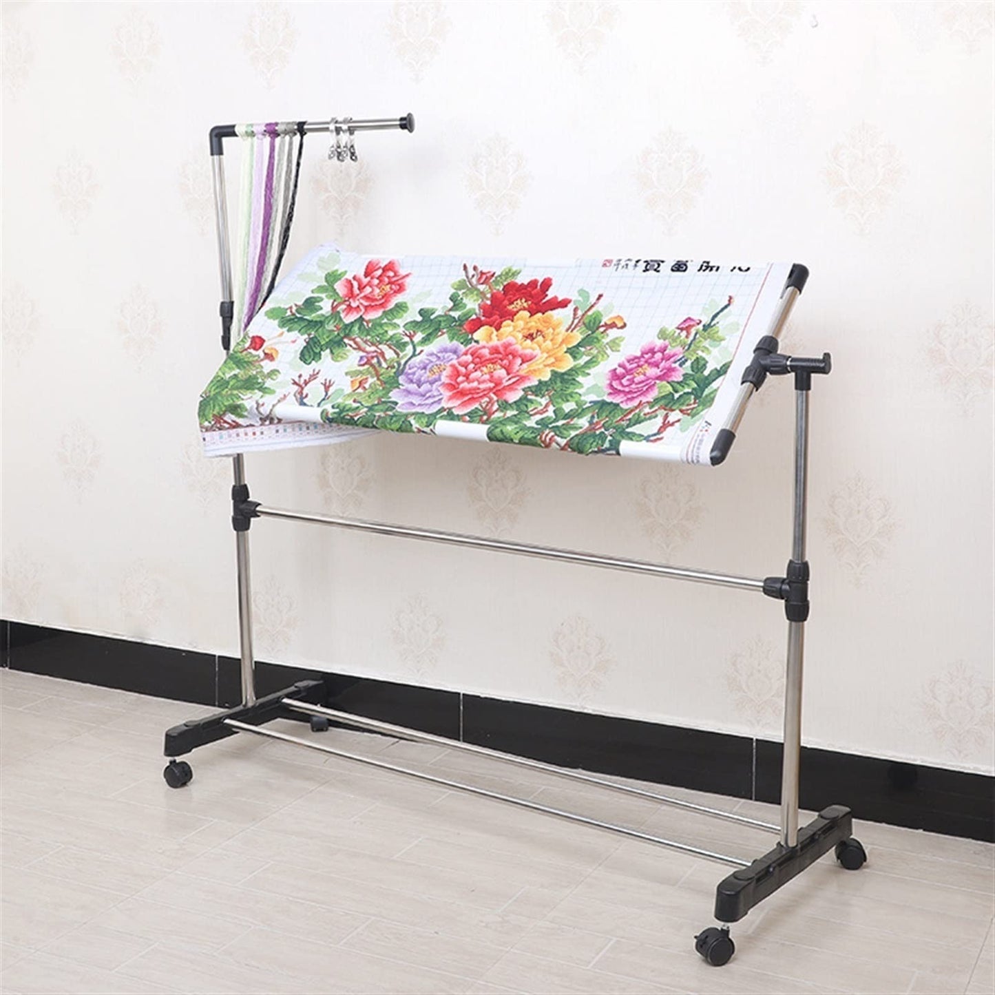 Stainless Steel Adjustable Height Embroidery Stand Cross Stitch Frame,360 Degrees Rotatable Wooden Floor Tabletop Tapestry Frame Craft Stand,Standing Lap Table for A