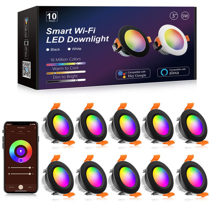 YGS-Tech Smart 3 Inch LED Recessed Lighting RGB WiFi Downlight, 5W Compatible with Alexa and Google Home, Dimmable RGB & CCT 2700-6500K Color Changing, 120V Ceiling Light with LED Driver (4 Pack)