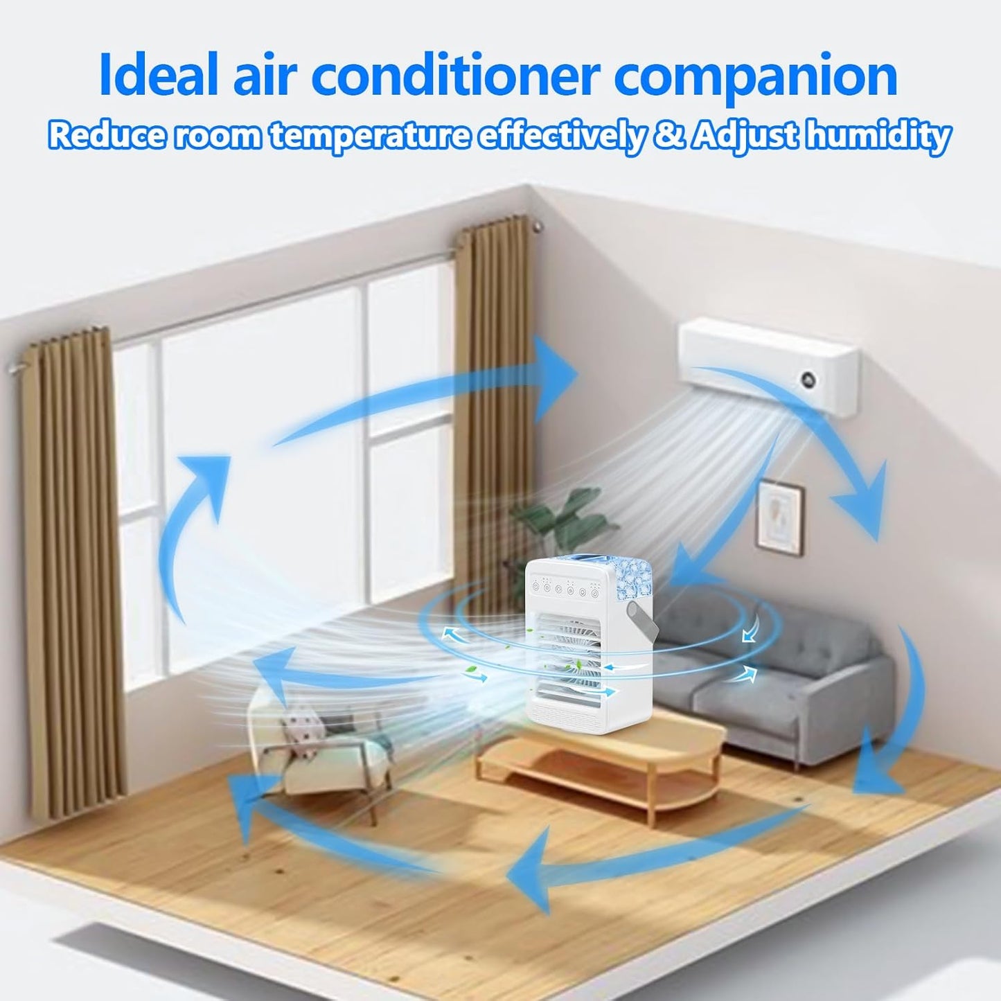 Portable Air Conditioners with 180° Oscillation, Mini AC Unit, 4 Wind Speeds, Large Water Tank for Room