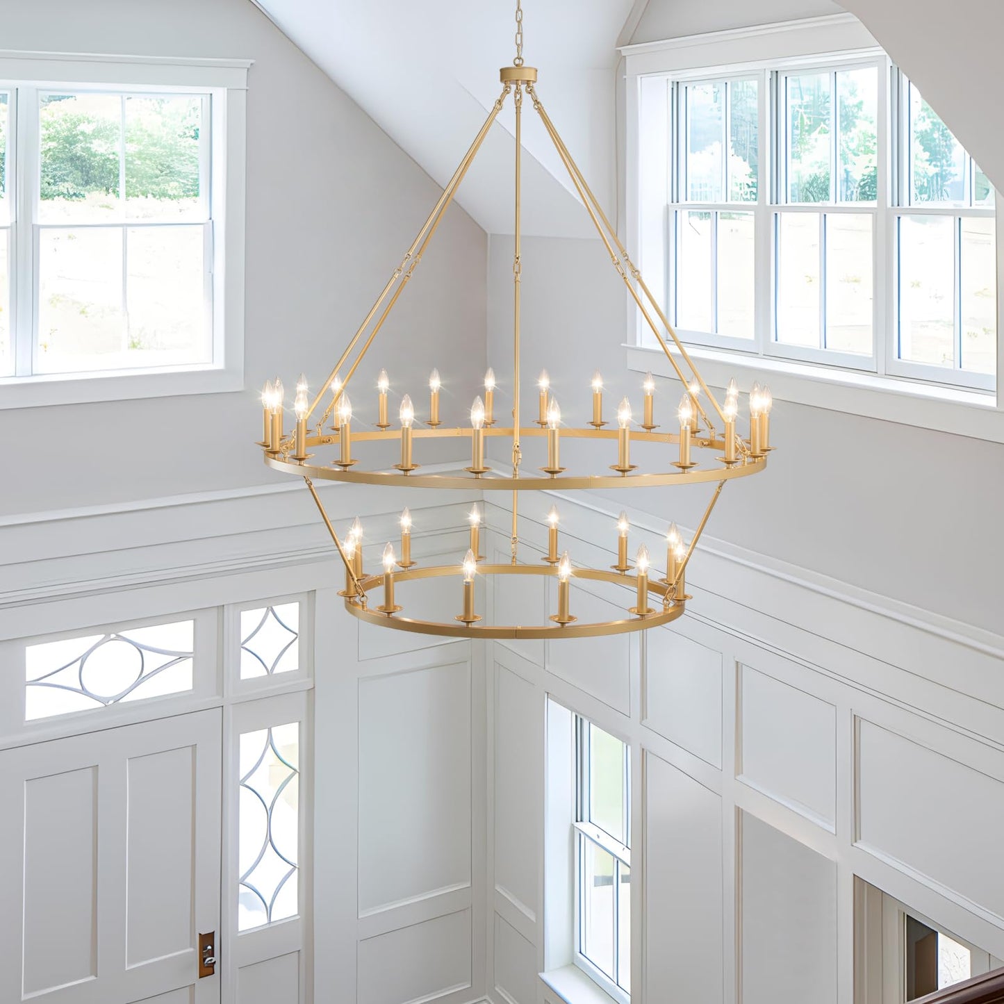 QJMPP Gold Wagon Wheel Chandelier 2 Tier 53-Inch 36-Light,Extra Large Circle Rustic Farmhouse Light Fixture,Round Metal Chandeliers for Foyer Entryway Dining Room Living Room High Ceilings
