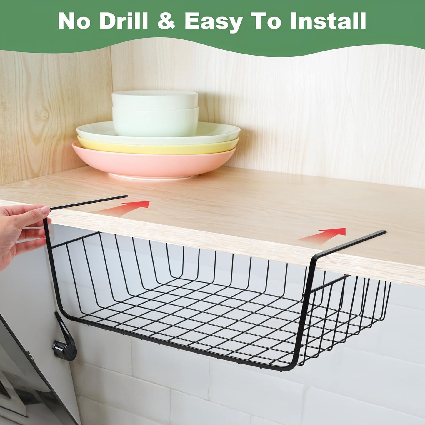 6 Pcs Undershelf Storage Basket Under Shelf Wire Basket Household Metal Under Shelf Hanging Storage Bin Basket Slides Under Shelves for Kitchen Pantry Bookshelf - 14.2" D x 9.1" W x 5.5" H, Black